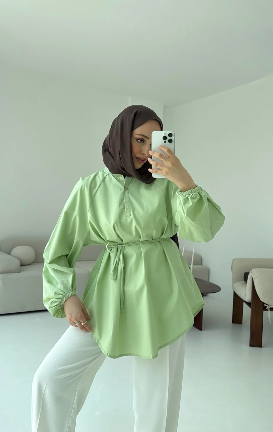 Bağlamalı Balon Gömlek Yeşil - Görsel 2