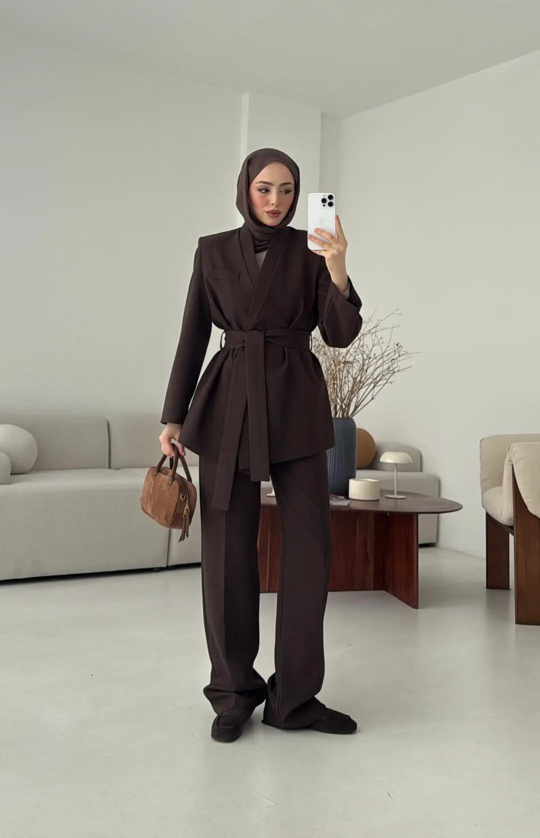 Bağlamalı Ceket Pantolon Takım Kahve - Görsel 5