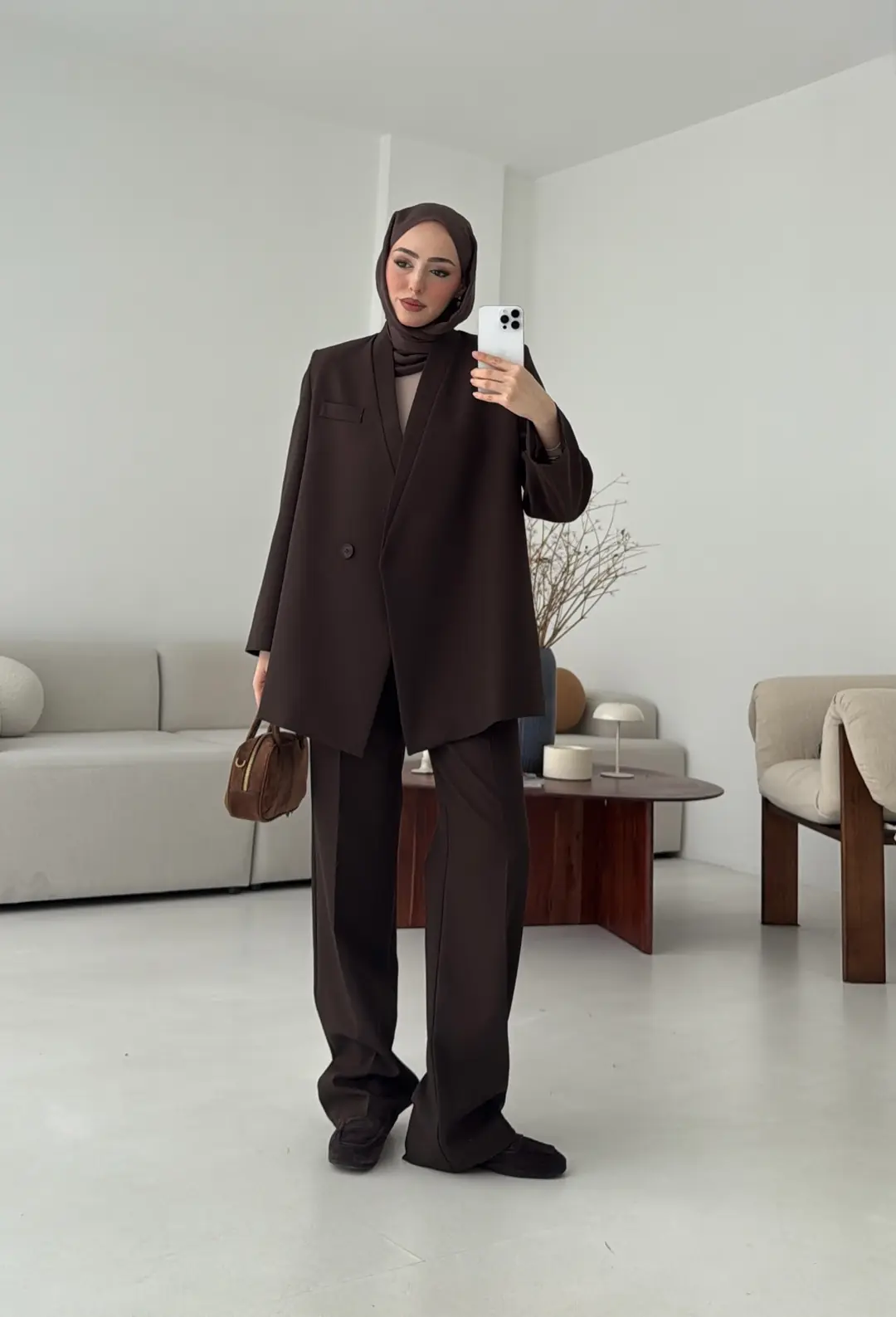 Bağlamalı Ceket Pantolon Takım Kahve - Görsel 6