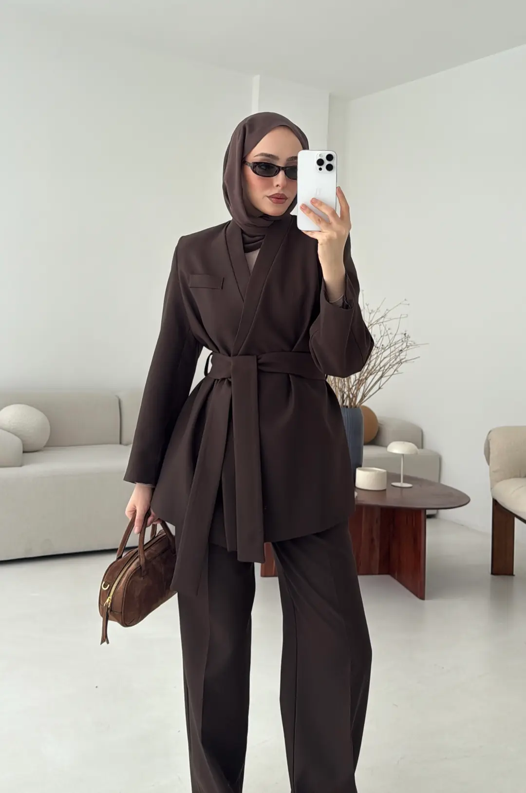 Bağlamalı Ceket Pantolon Takım Kahve - Görsel 7