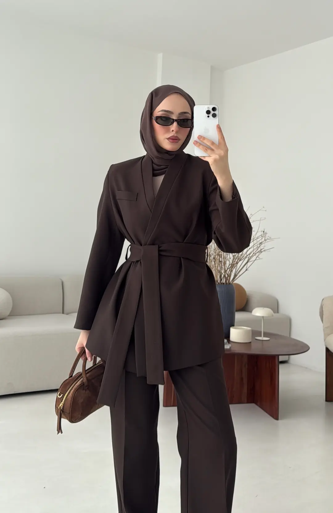 Bağlamalı Ceket Pantolon Takım Kahve - Görsel 8