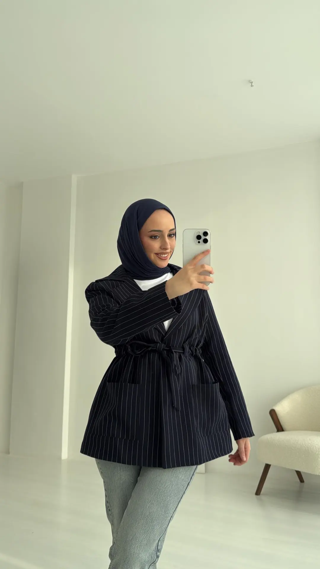 Bağlamalı Çizgili Blazer Ceket