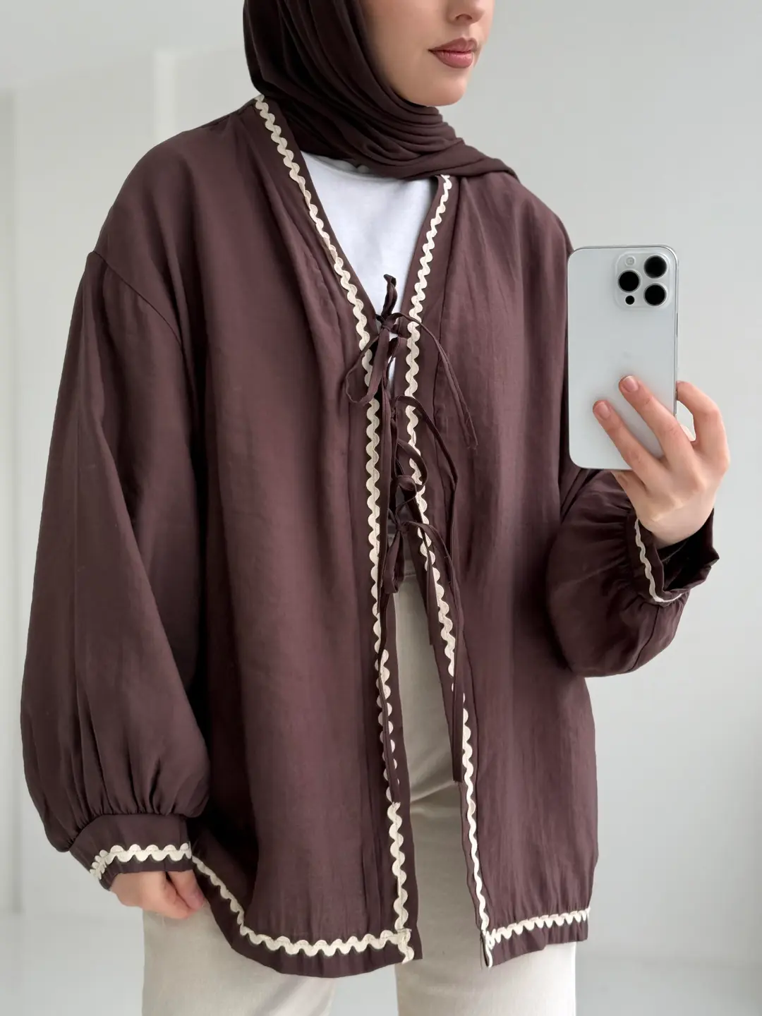 Bağlamalı Dantel Detay Kimono Kahve - Görsel 4