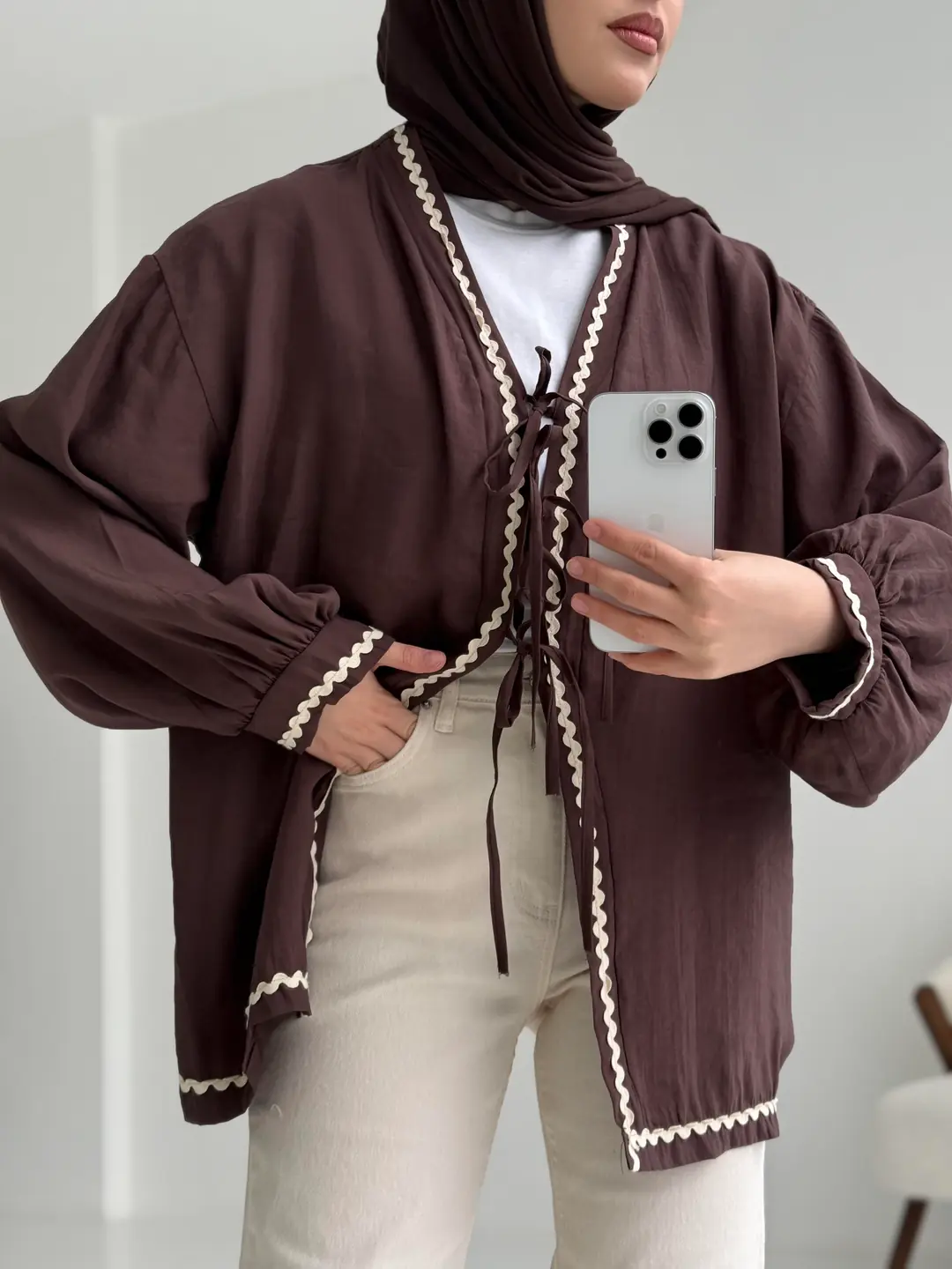 Bağlamalı Dantel Detay Kimono Kahve - Görsel 5