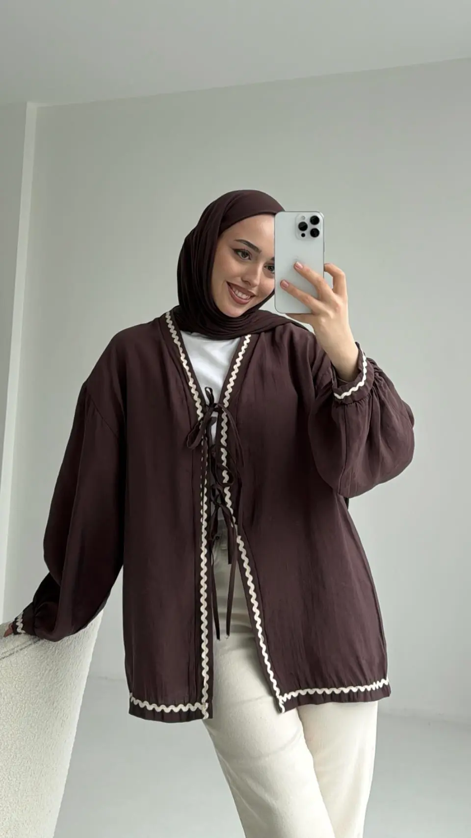 Bağlamalı Dantel Detay Kimono Kahve - Görsel 6