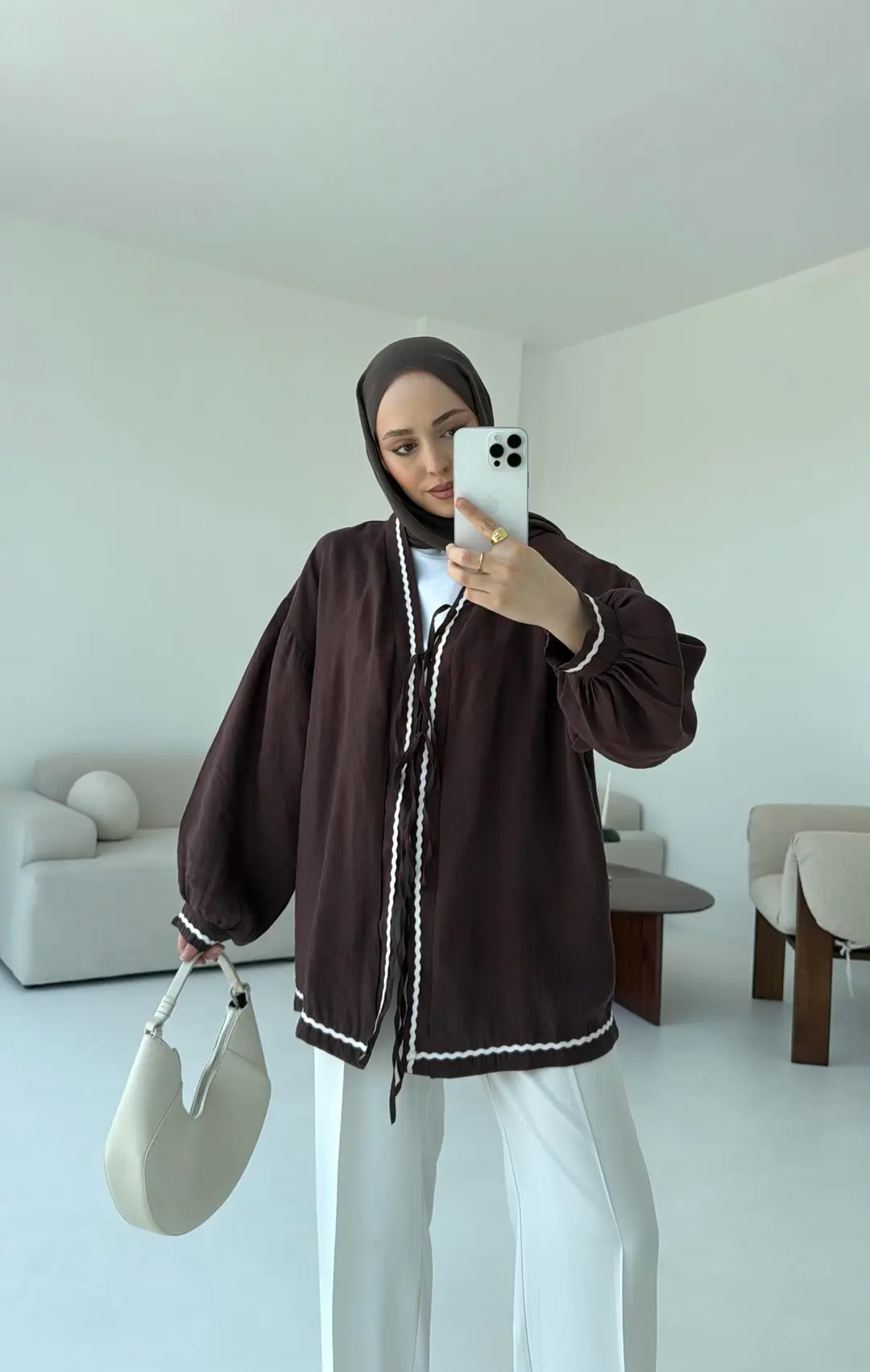 Bağlamalı Dantel Detay Kimono Kahve - Görsel 7