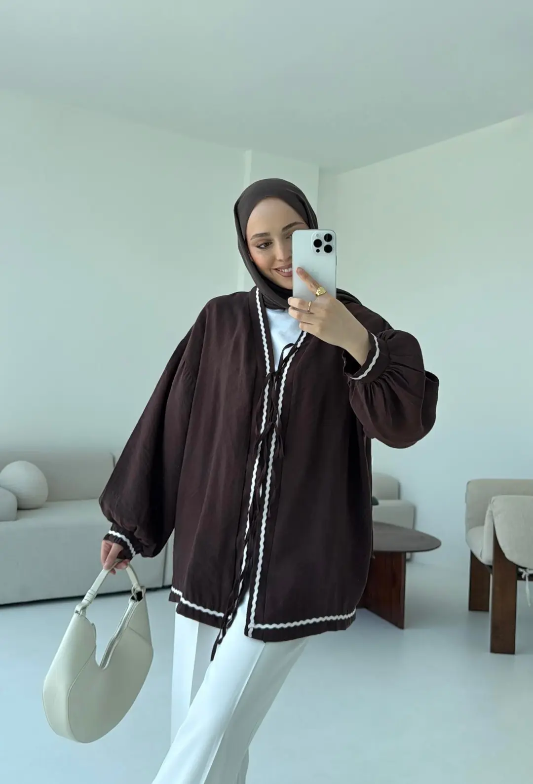 Bağlamalı Dantel Detay Kimono Kahve - Görsel 9