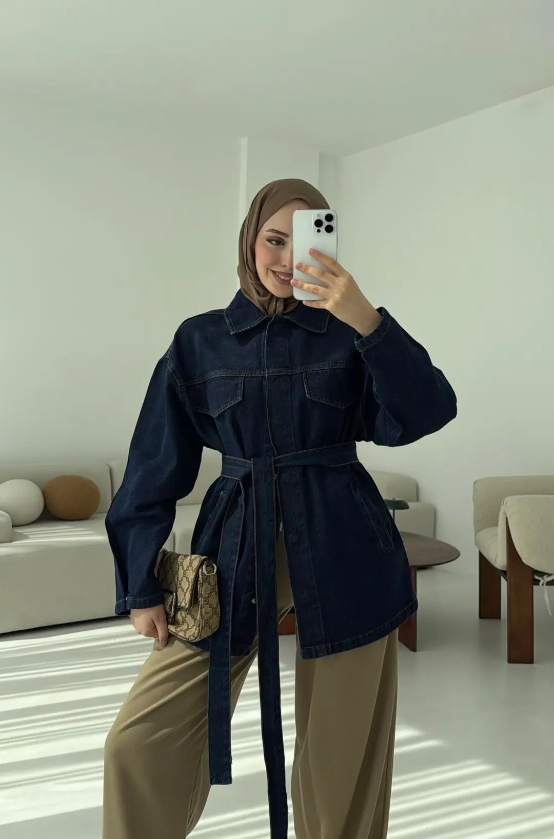 Bağlamalı Denim Ceket Lacivert - Görsel 8