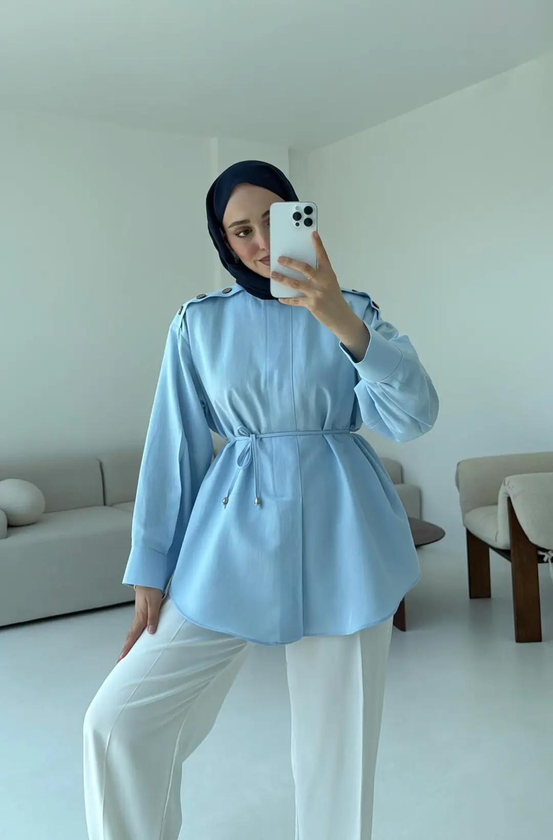 Bağlamalı Keten Bluz Mavi