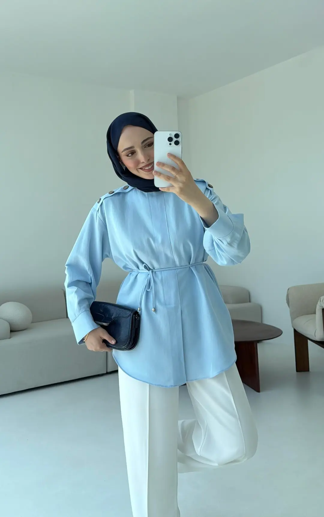 Bağlamalı Keten Bluz Mavi - Görsel 3