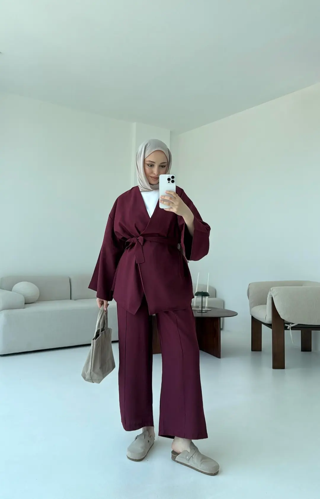 Bağlamalı Kimono Takım Bordo - Görsel 9