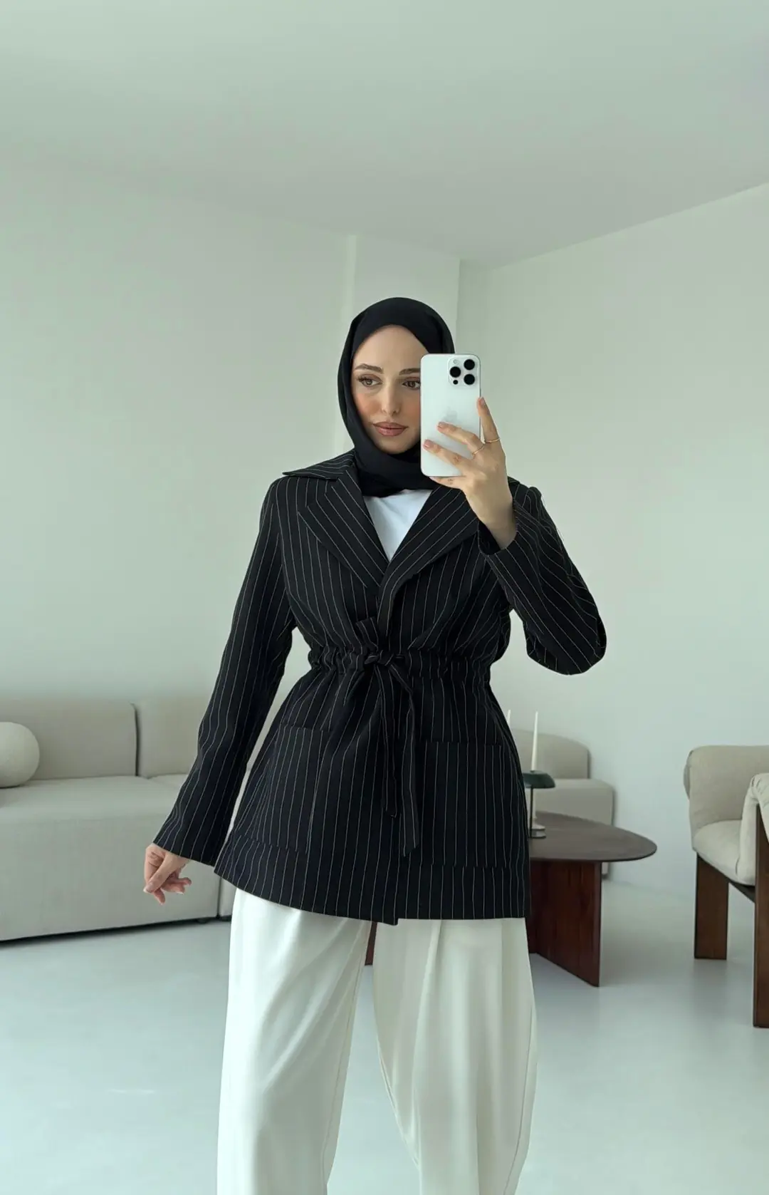 Bağlamalı Siyah Çizgili Blazer Ceket - Görsel 7