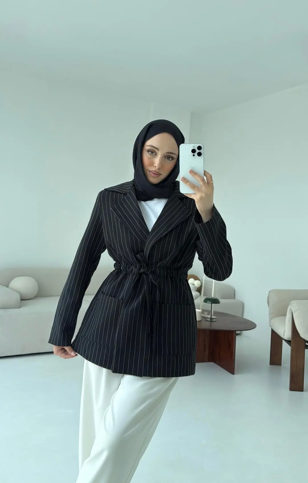 Bağlamalı Siyah Çizgili Blazer Ceket - Görsel 8