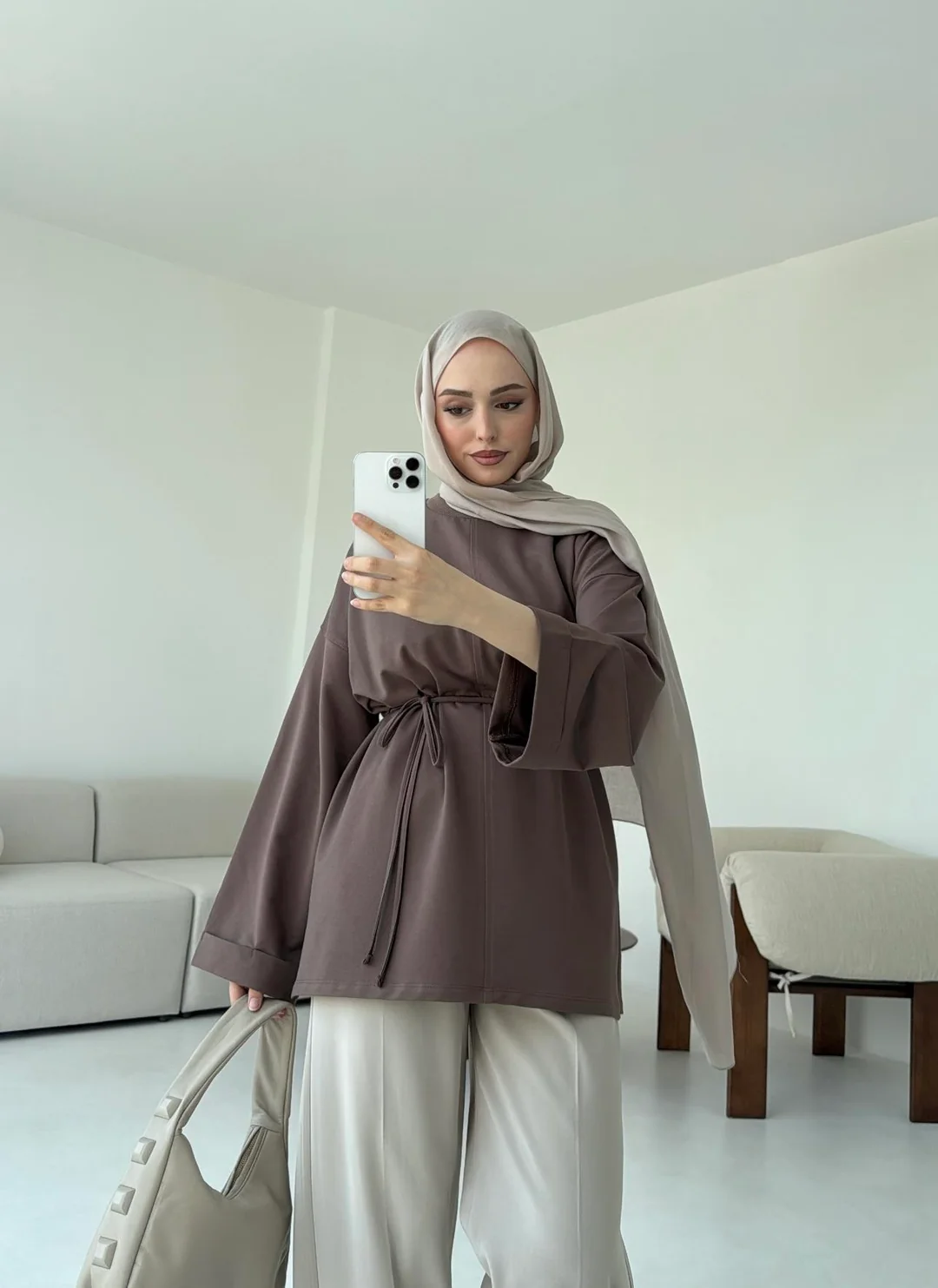 Bağlamalı Yanı Yırtmaç Detay Sweat Acık Kahve