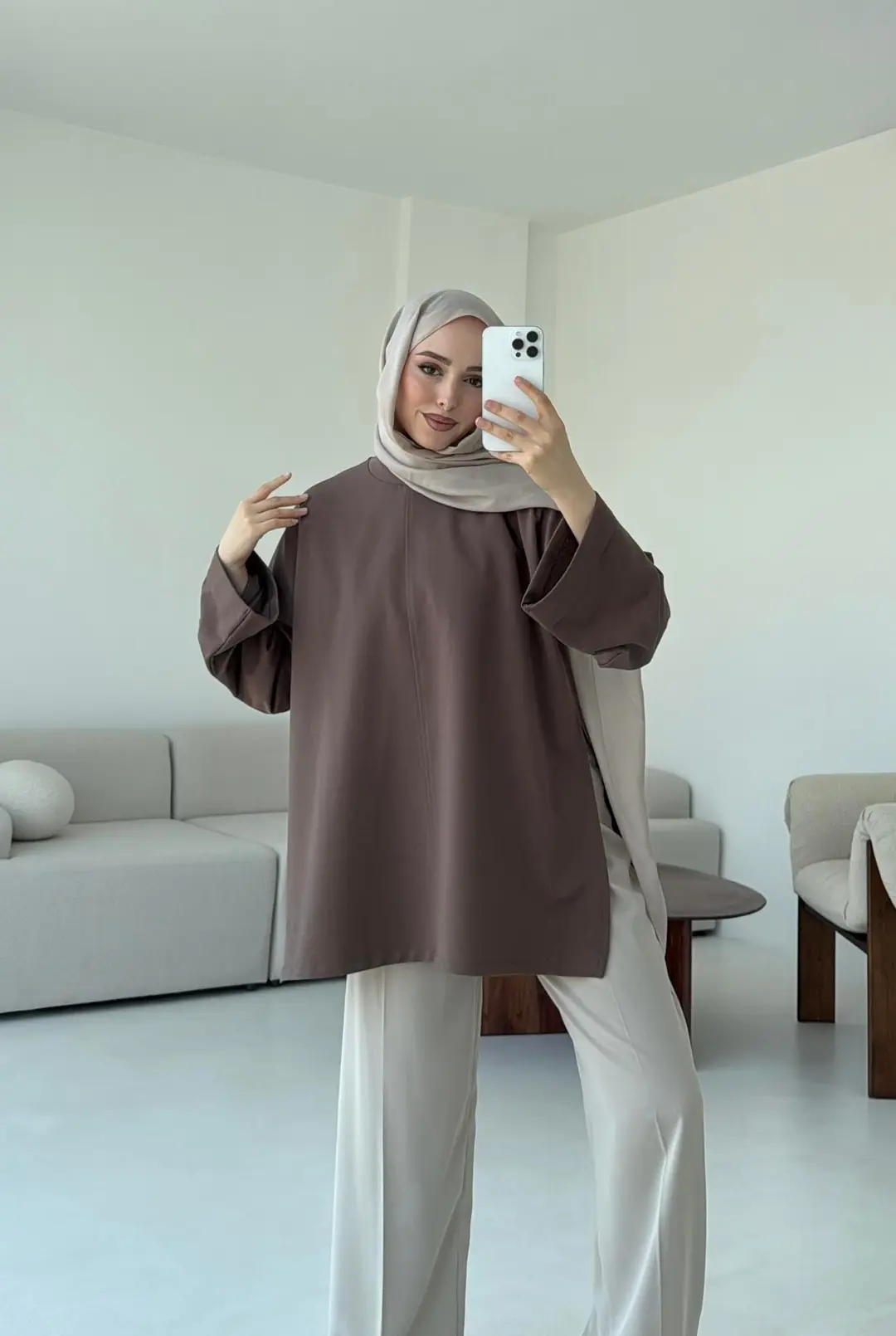 Bağlamalı Yanı Yırtmaç Detay Sweat Acık Kahve - Görsel 4