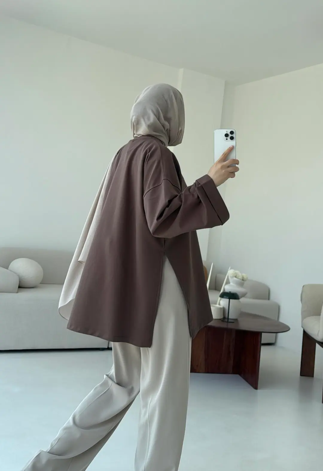 Bağlamalı Yanı Yırtmaç Detay Sweat Acık Kahve - Görsel 5