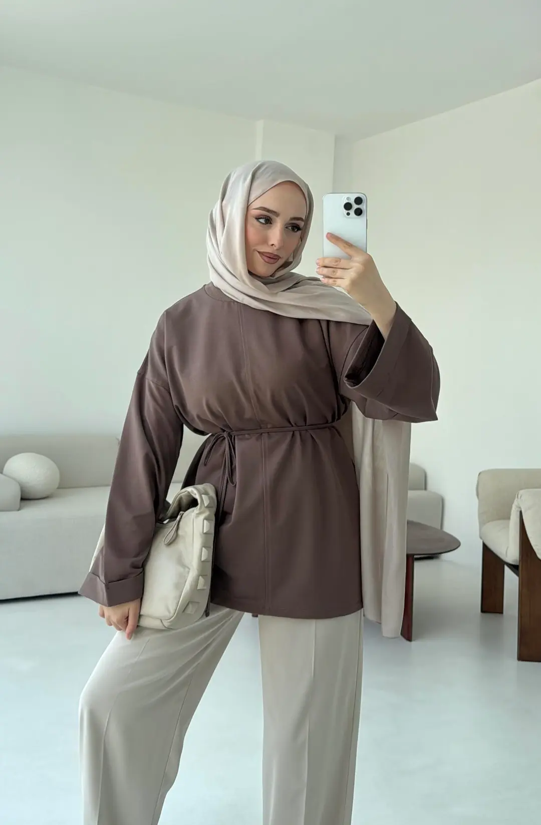 Bağlamalı Yanı Yırtmaç Detay Sweat Acık Kahve - Görsel 8