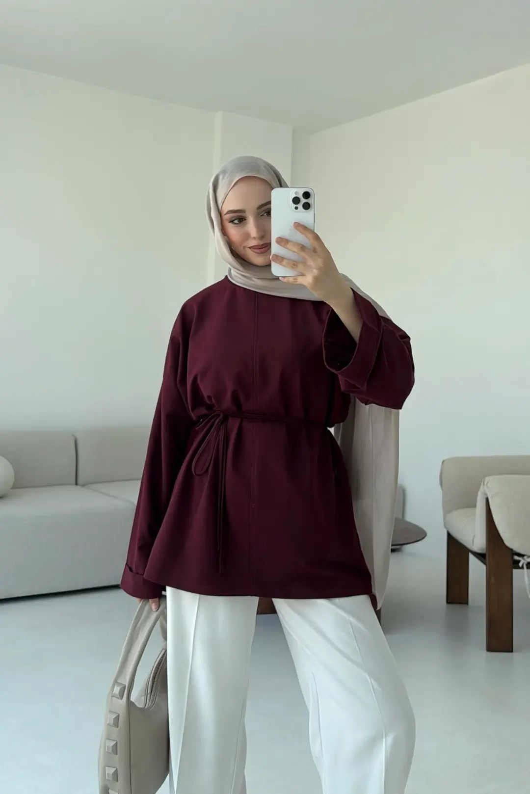 Bağlamalı Yanı Yırtmaç Detay Sweat Bordo - Görsel 5