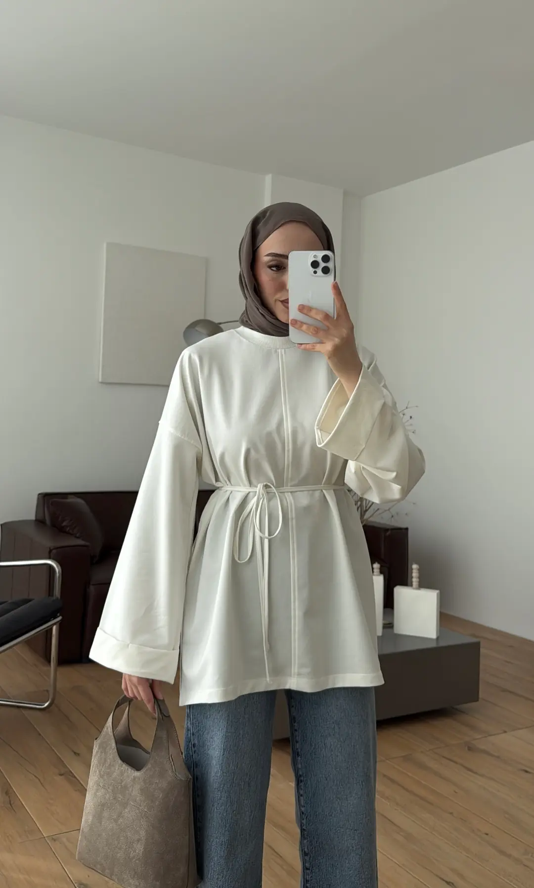 Bağlamalı Yanı Yırtmaç Detay Sweat Ekru - Görsel 2