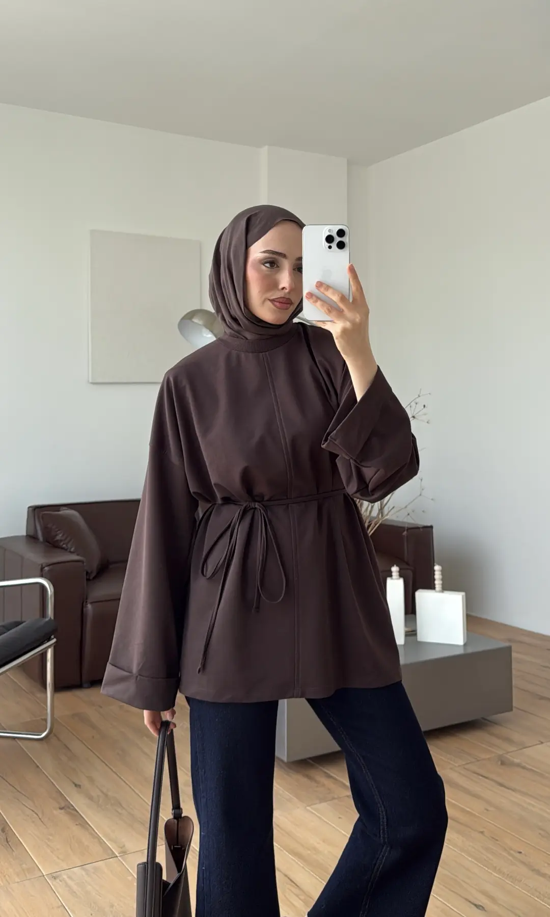 Bağlamalı Yanı Yırtmaç Detay Sweat Kahve