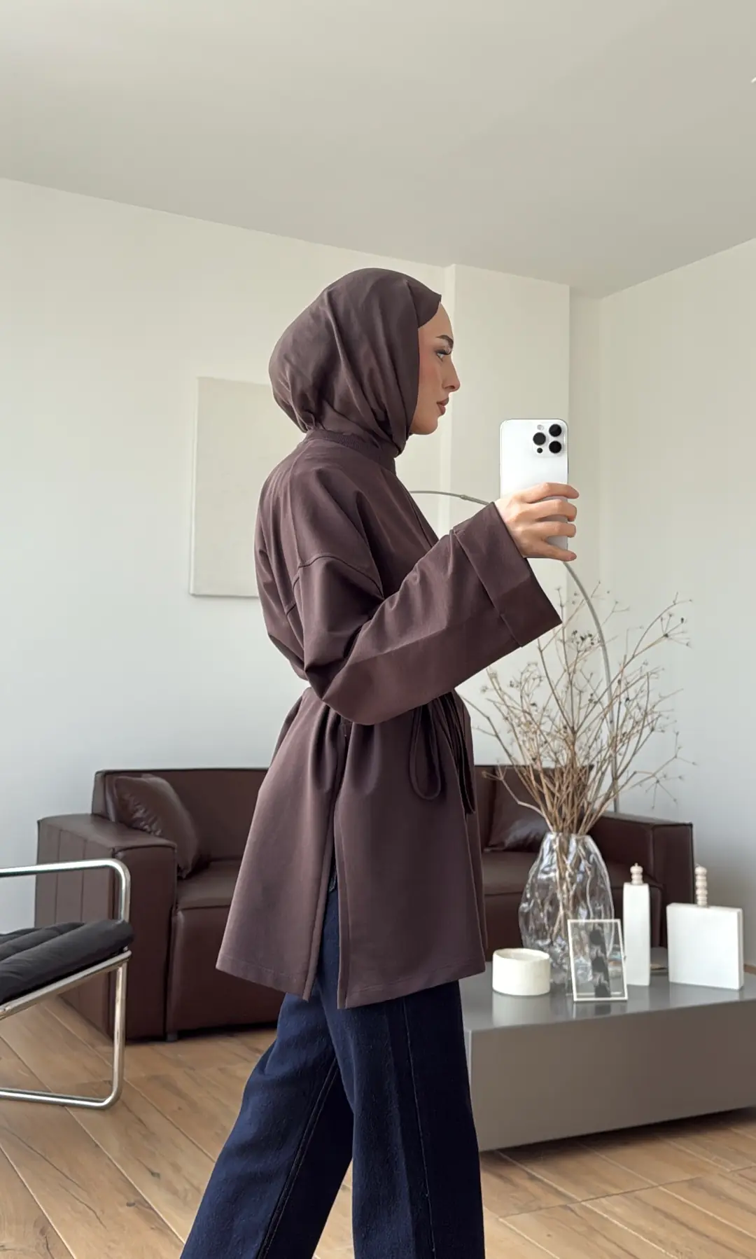 Bağlamalı Yanı Yırtmaç Detay Sweat Kahve - Görsel 2