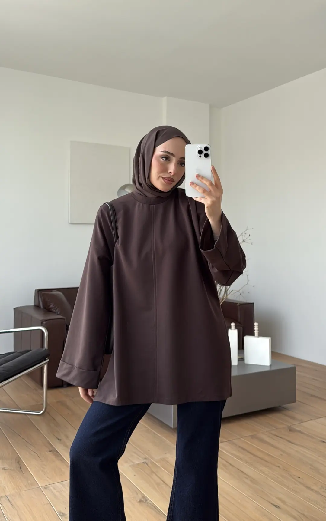 Bağlamalı Yanı Yırtmaç Detay Sweat Kahve - Görsel 4