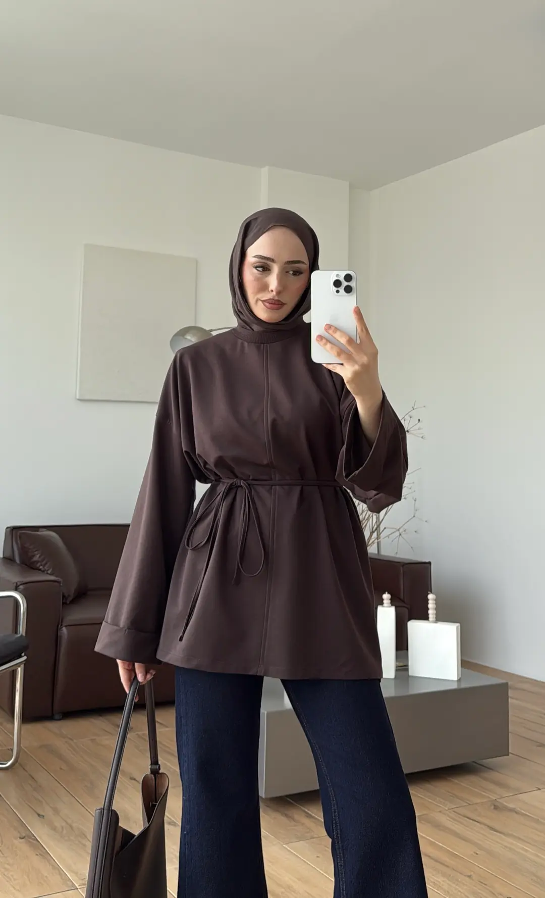 Bağlamalı Yanı Yırtmaç Detay Sweat Kahve - Görsel 6