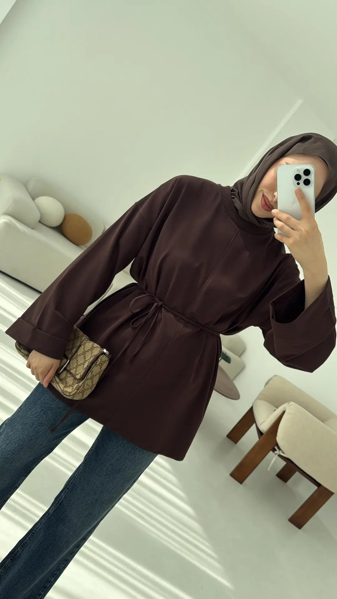 Bağlamalı Yanı Yırtmaç Detay Sweat Kahve - Görsel 3