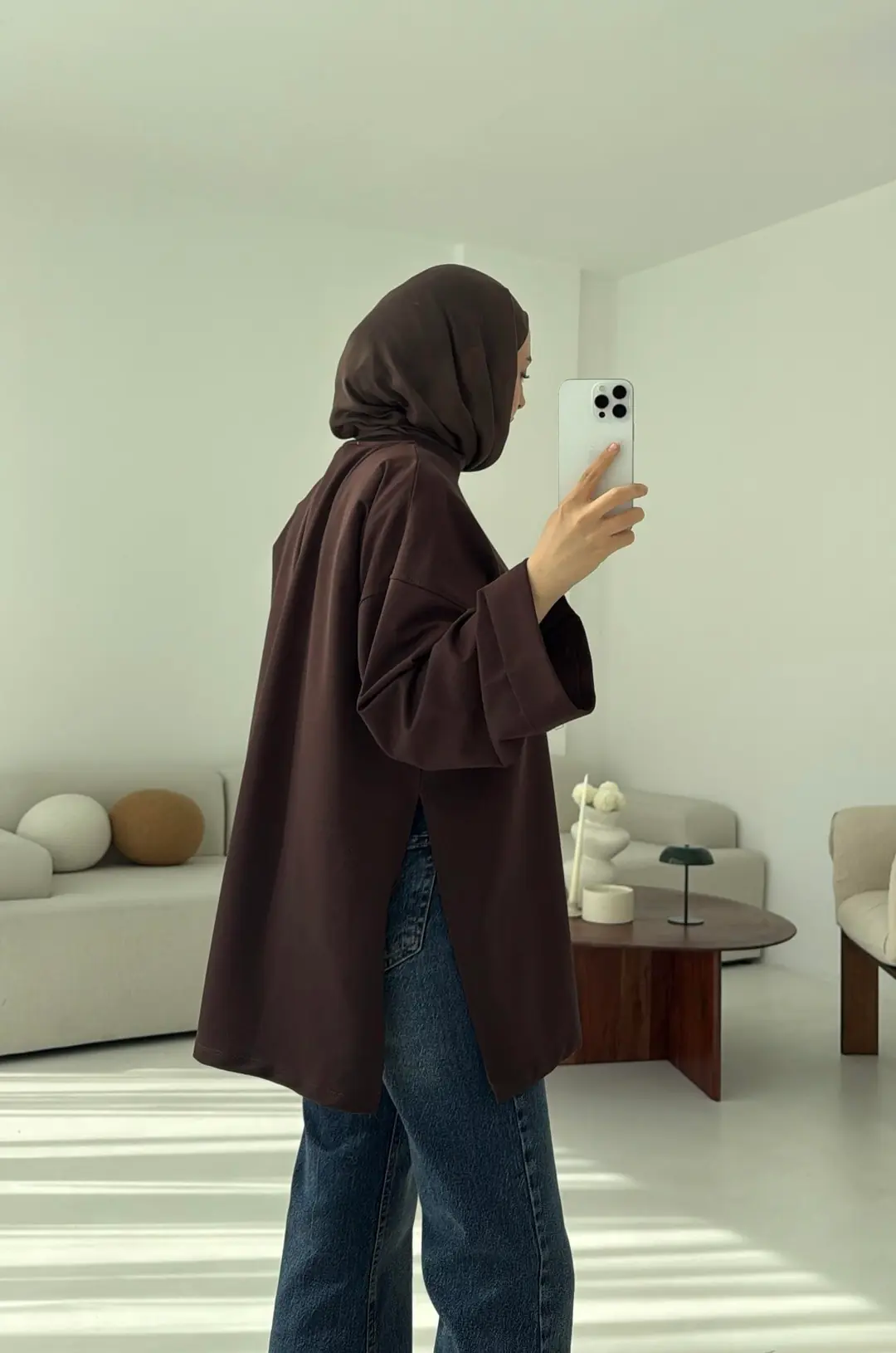 Bağlamalı Yanı Yırtmaç Detay Sweat Kahve - Görsel 4