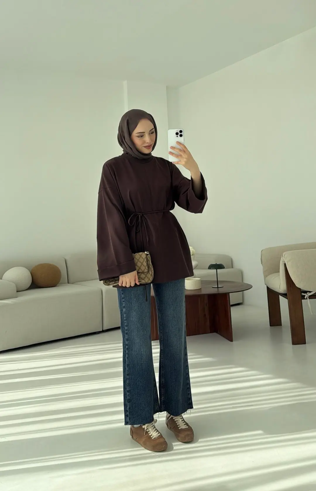 Bağlamalı Yanı Yırtmaç Detay Sweat Kahve - Görsel 8