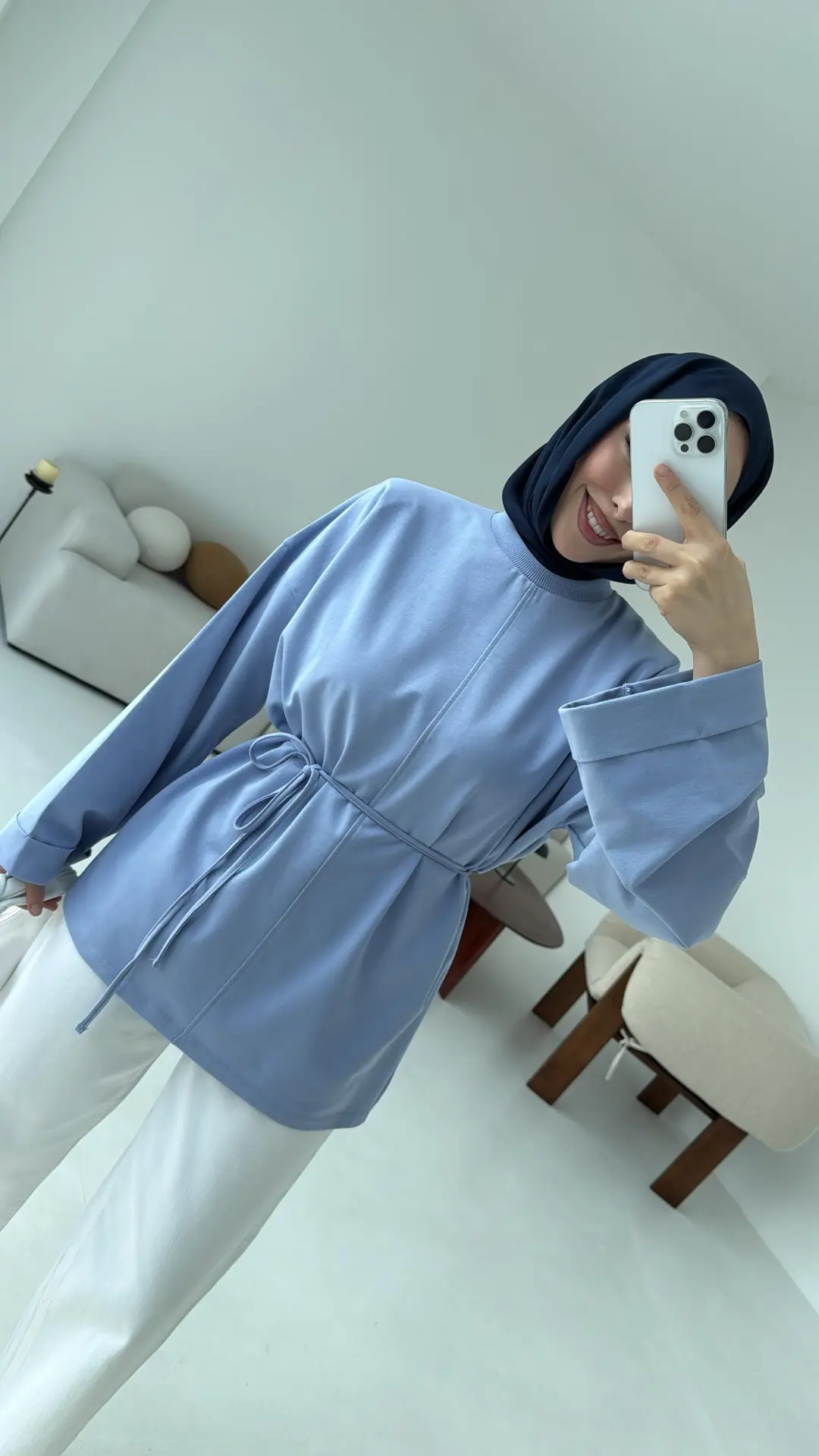 Bağlamalı Yanı Yırtmaç Detay Sweat Mavi - Görsel 2