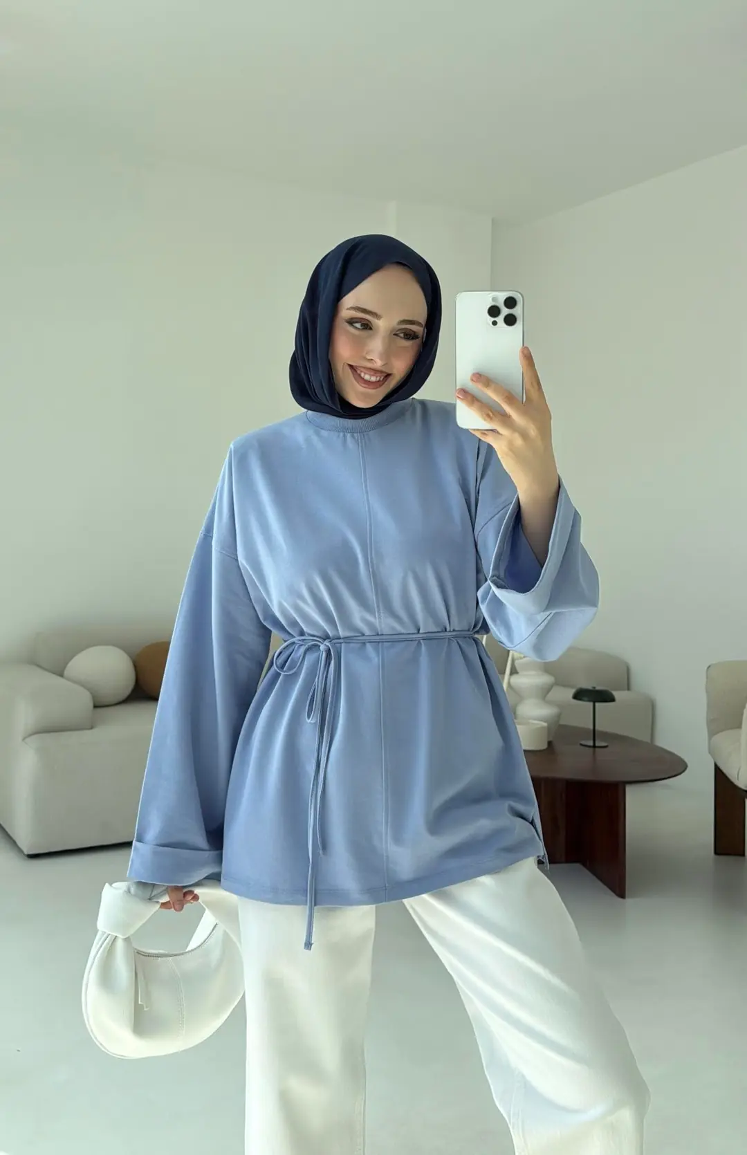 Bağlamalı Yanı Yırtmaç Detay Sweat Mavi - Görsel 3