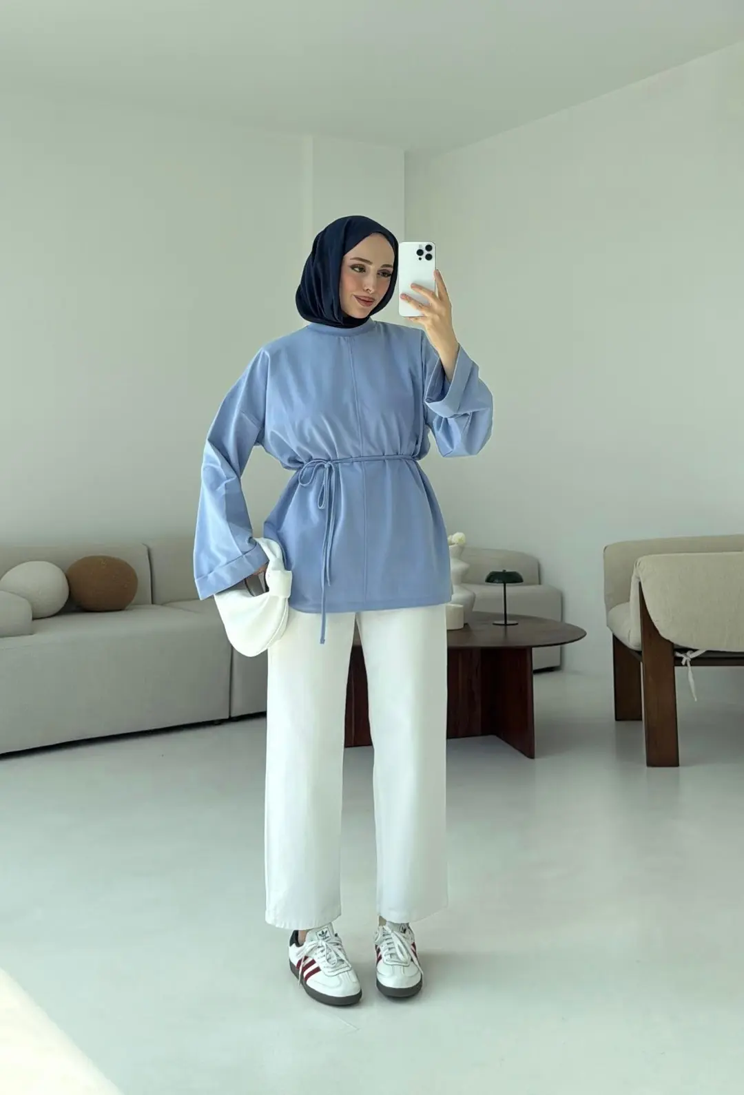 Bağlamalı Yanı Yırtmaç Detay Sweat Mavi - Görsel 5