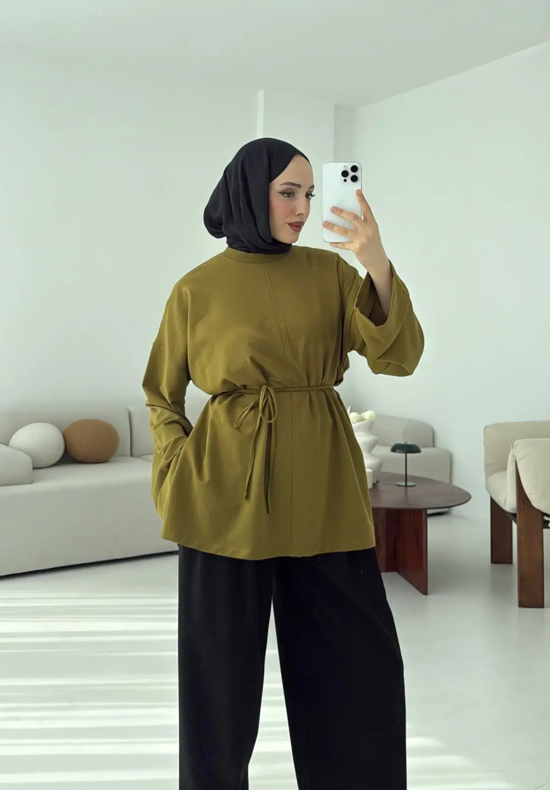 Bağlamalı Yanı Yırtmaç Detay Sweat Olive - Görsel 2