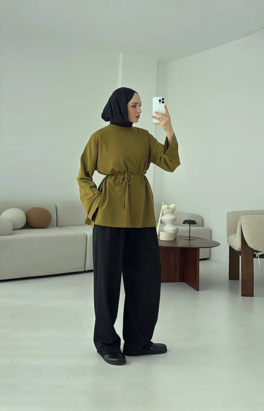 Bağlamalı Yanı Yırtmaç Detay Sweat Olive - Görsel 3