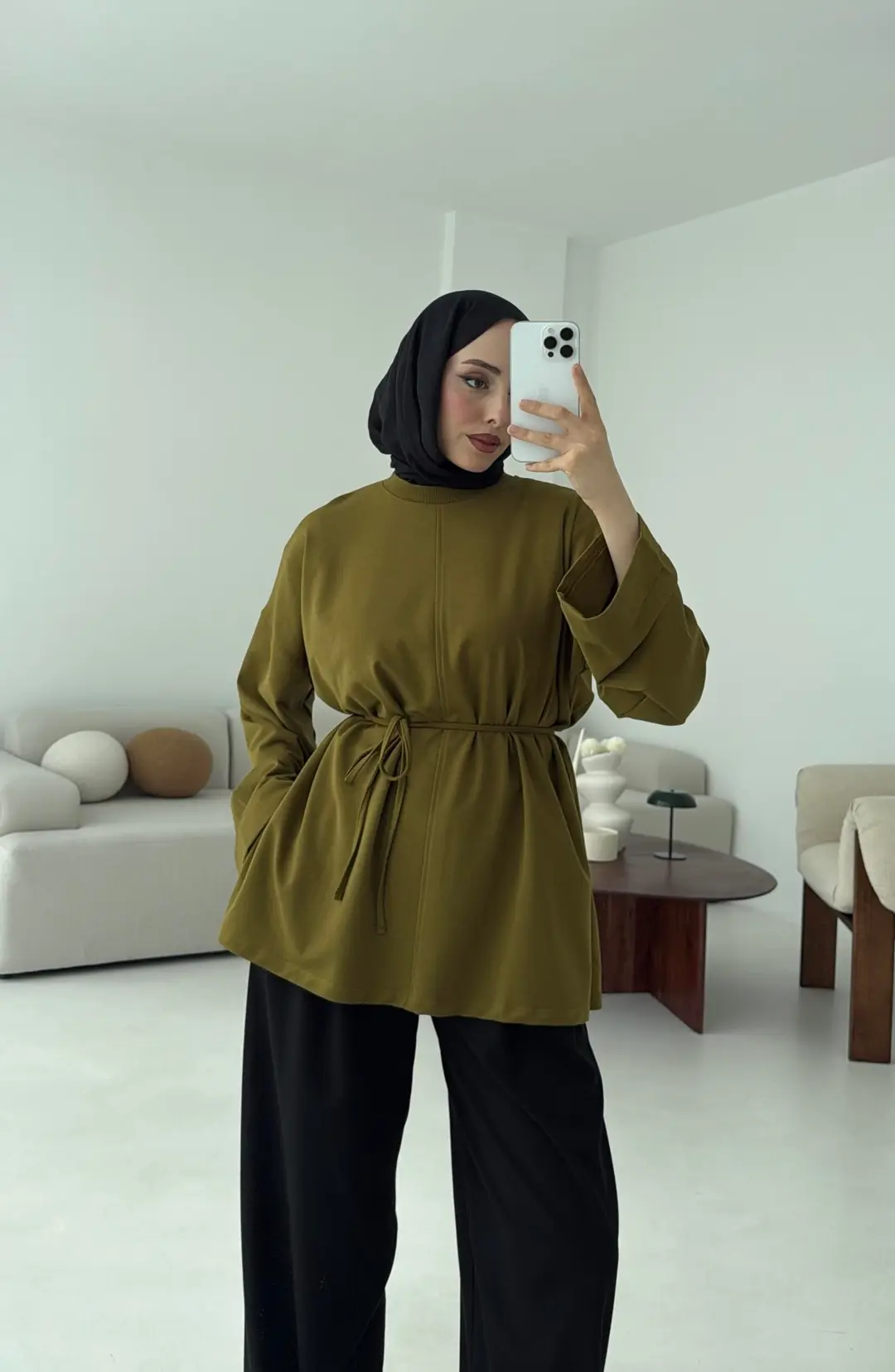 Bağlamalı Yanı Yırtmaç Detay Sweat Olive - Görsel 4