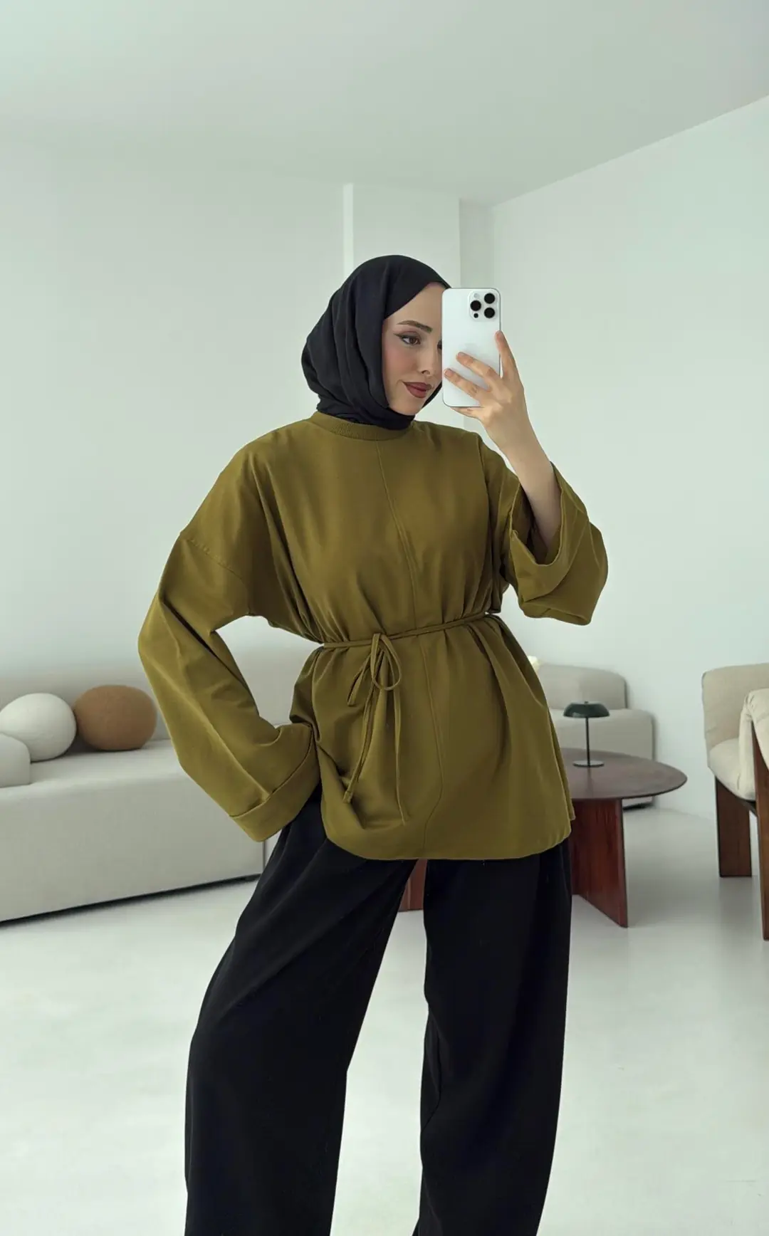 Bağlamalı Yanı Yırtmaç Detay Sweat Olive - Görsel 5