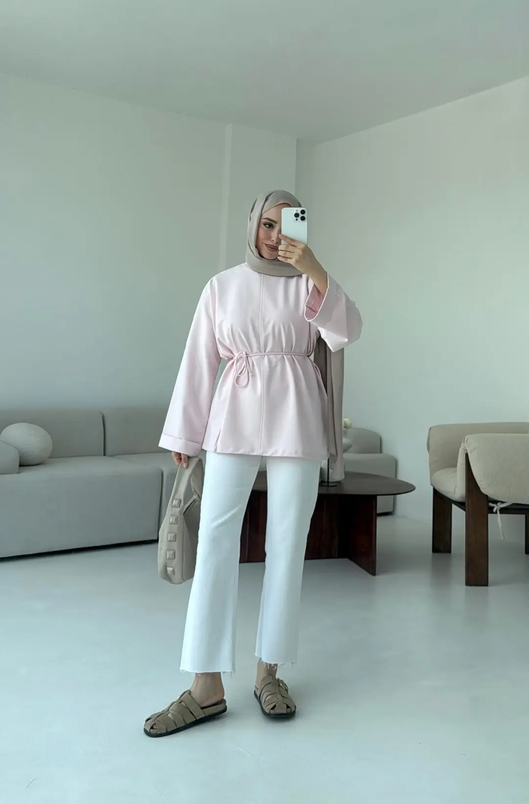 Bağlamalı Yanı Yırtmaç Detay Sweat Pudra - Görsel 2