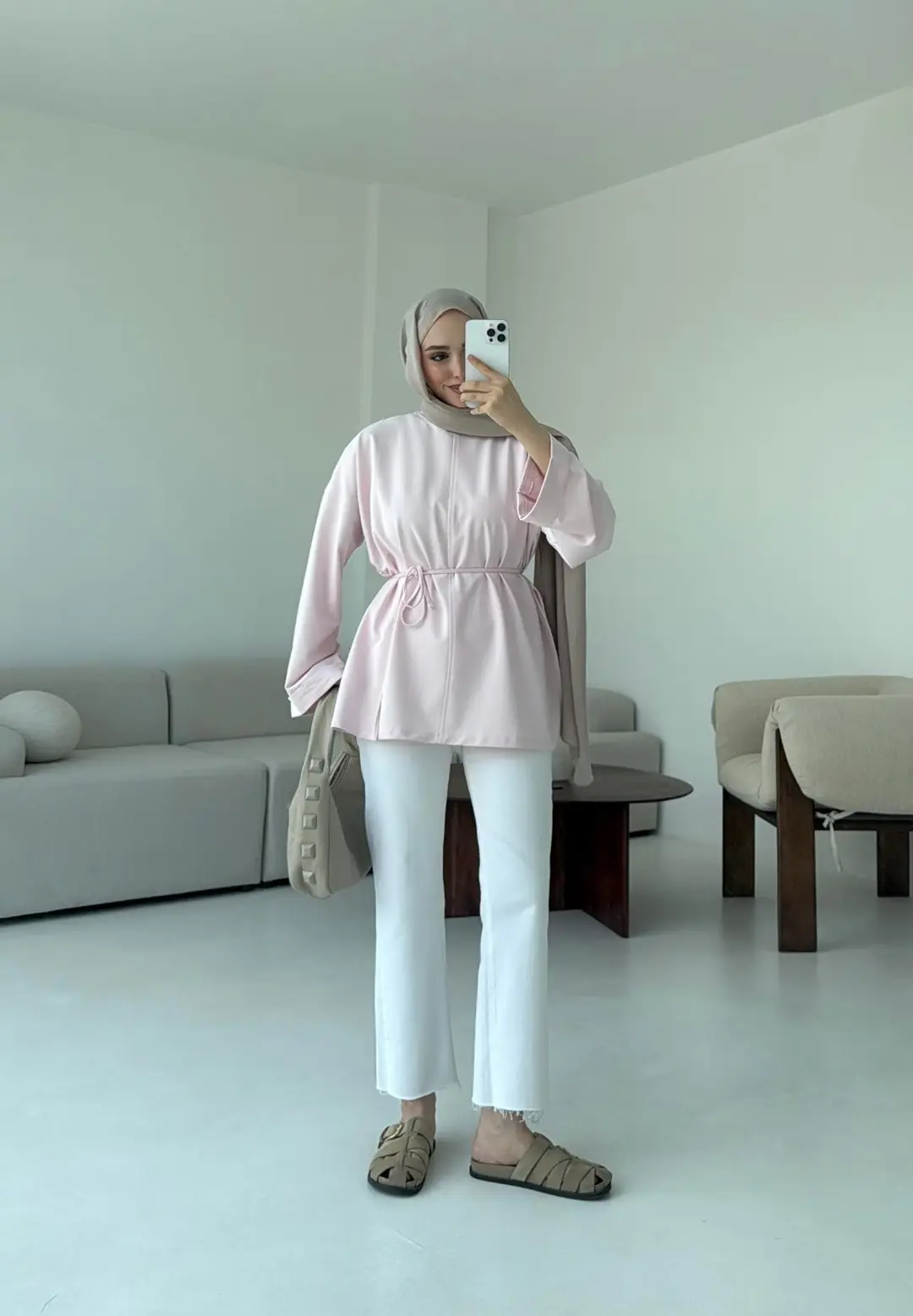 Bağlamalı Yanı Yırtmaç Detay Sweat Pudra - Görsel 4