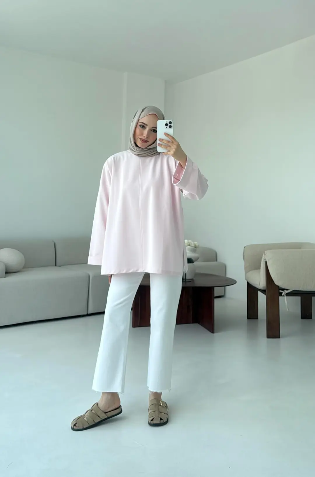 Bağlamalı Yanı Yırtmaç Detay Sweat Pudra - Görsel 5