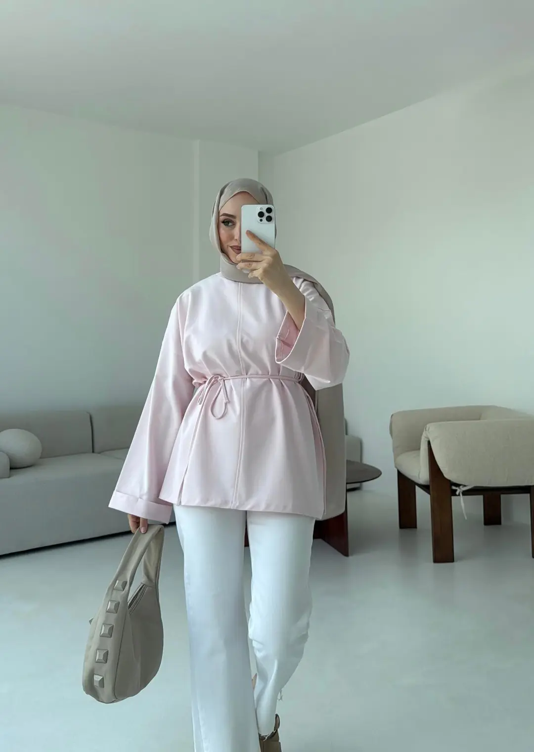 Bağlamalı Yanı Yırtmaç Detay Sweat Pudra - Görsel 6