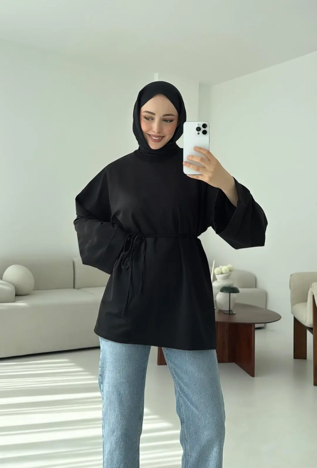 Bağlamalı Yanı Yırtmaç Detay Sweat Siyah - Görsel 3