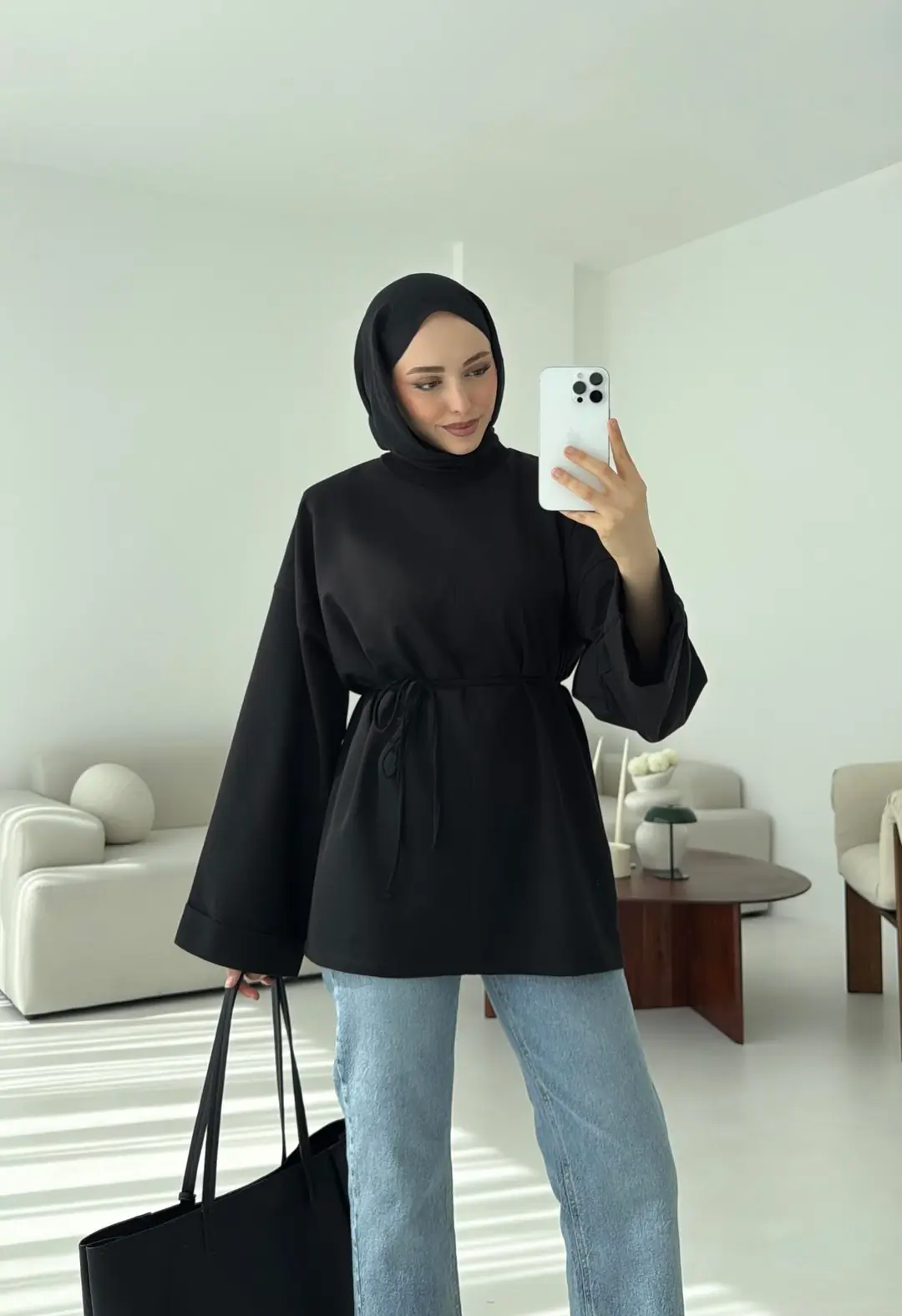 Bağlamalı Yanı Yırtmaç Detay Sweat Siyah - Görsel 5