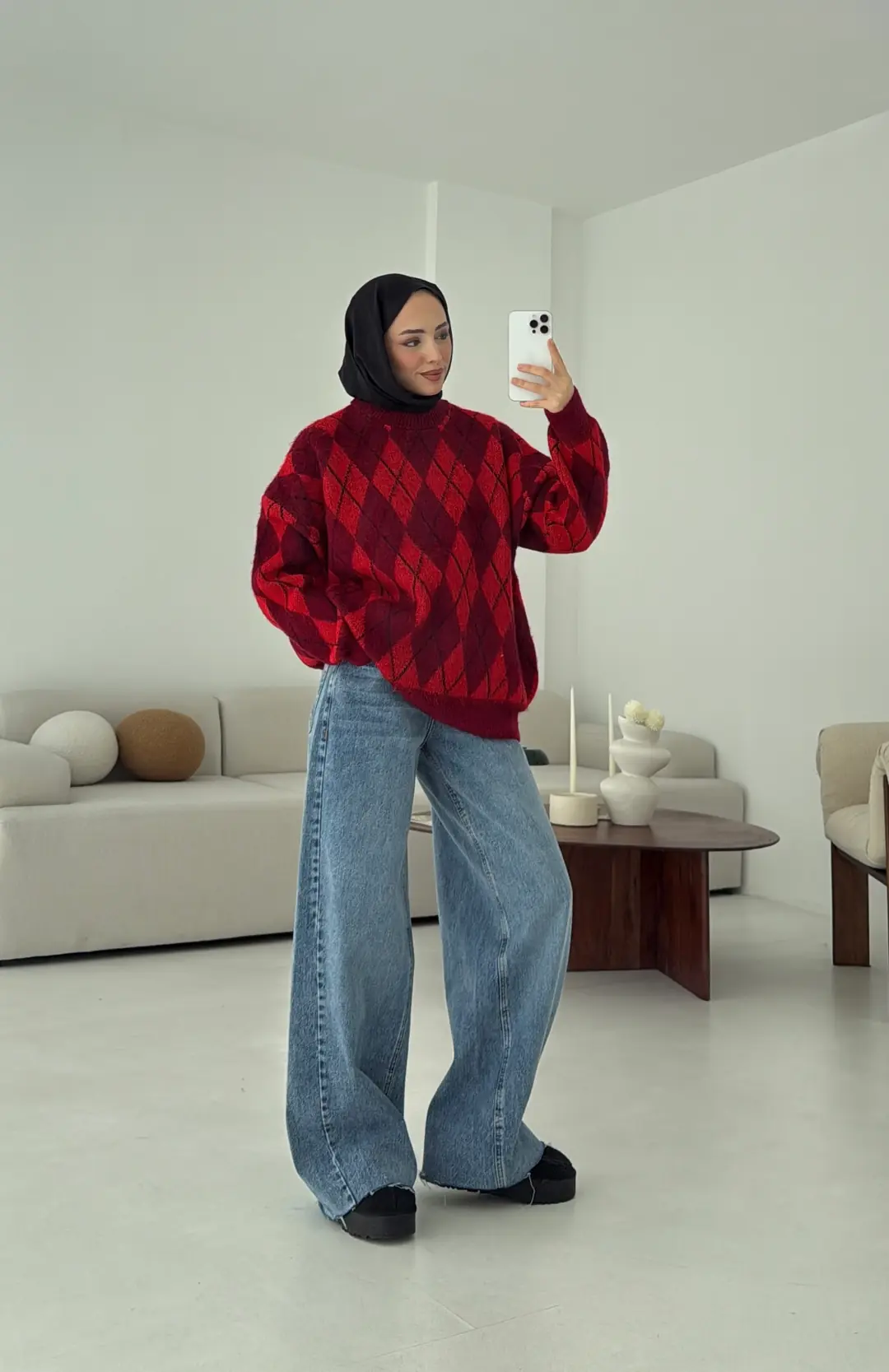 Baklava Desen Şardonlu Kazak Bordo - Görsel 5