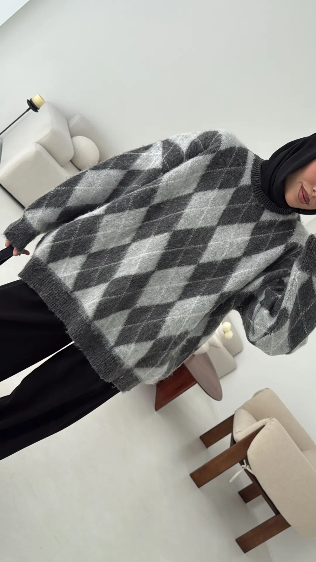 Baklava Desen Şardonlu Kazak Gri - Görsel 2