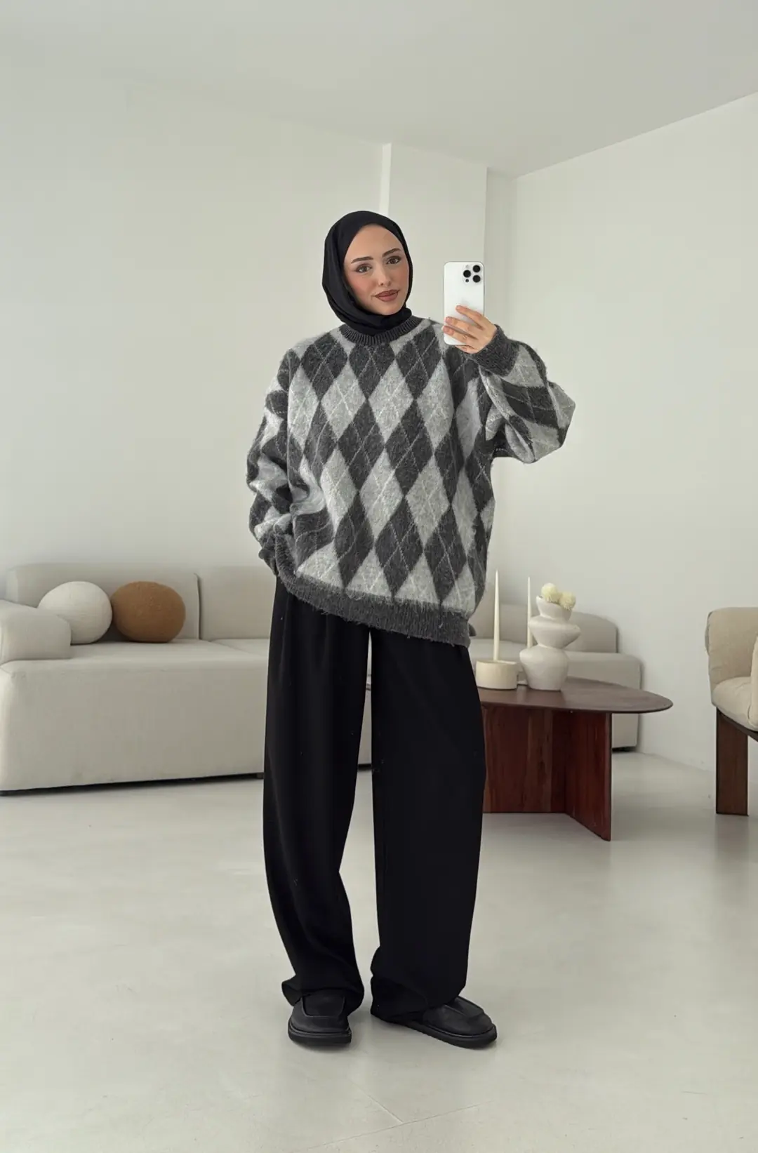 Baklava Desen Şardonlu Kazak Gri - Görsel 3