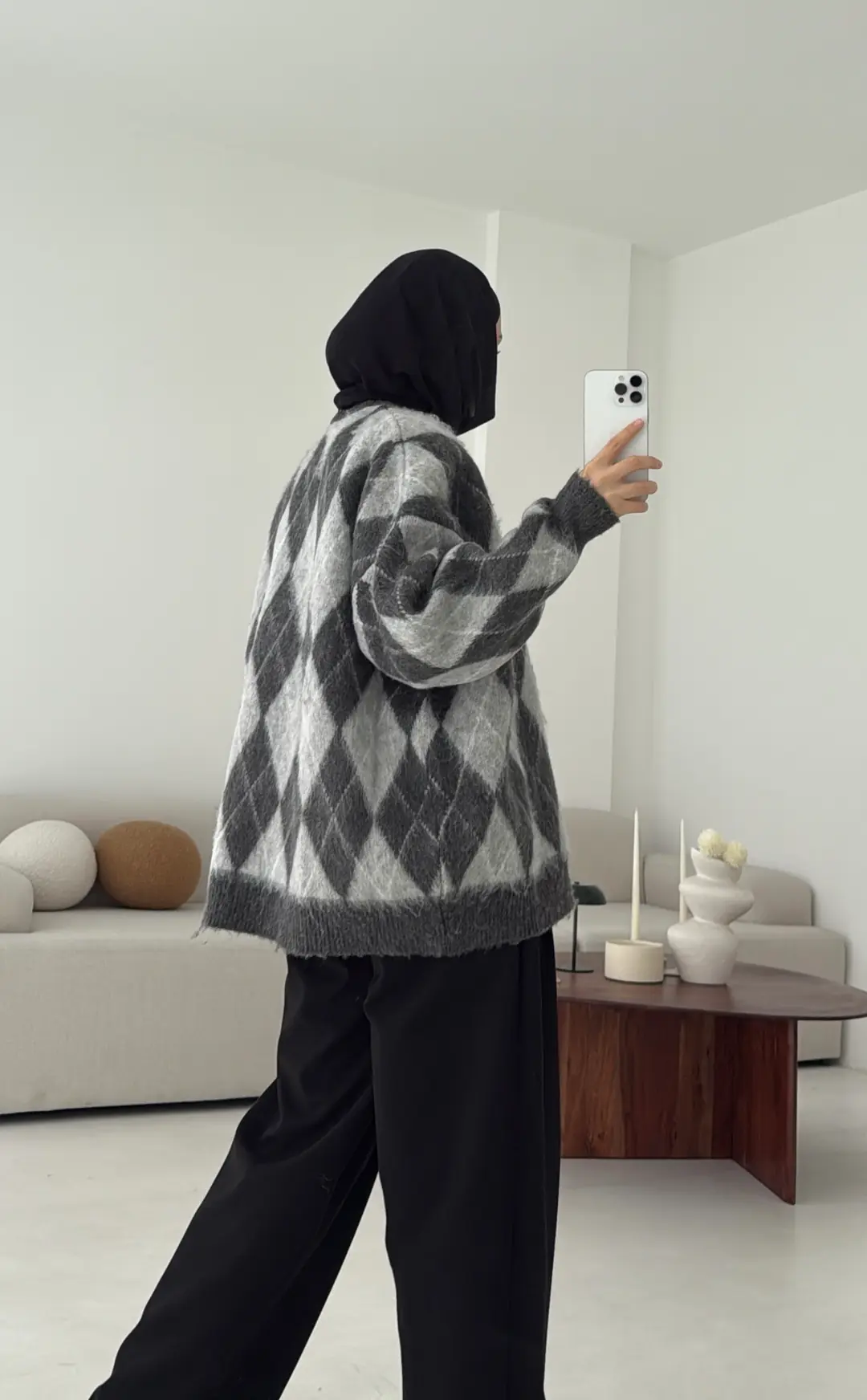 Baklava Desen Şardonlu Kazak Gri - Görsel 4