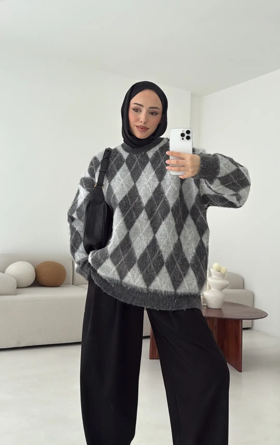 Baklava Desen Şardonlu Kazak Gri - Görsel 5