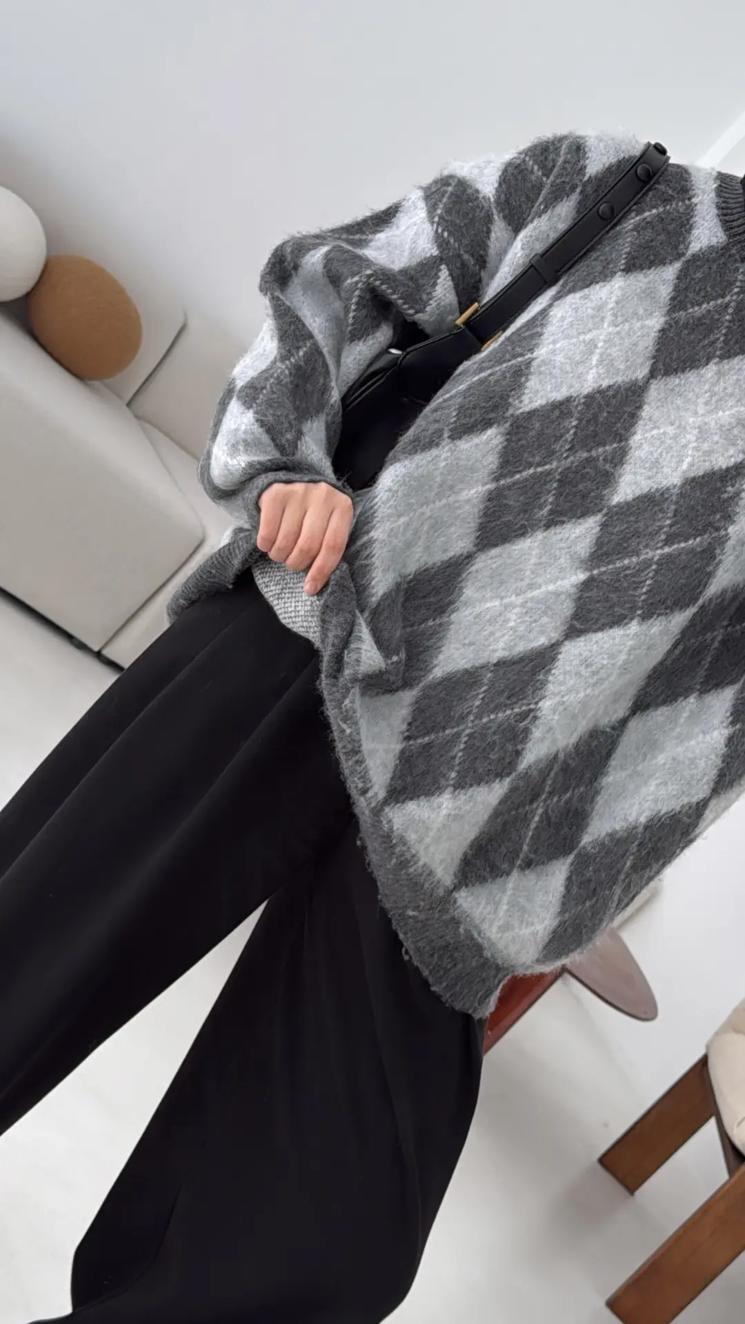 Baklava Desen Şardonlu Kazak Gri - Görsel 8