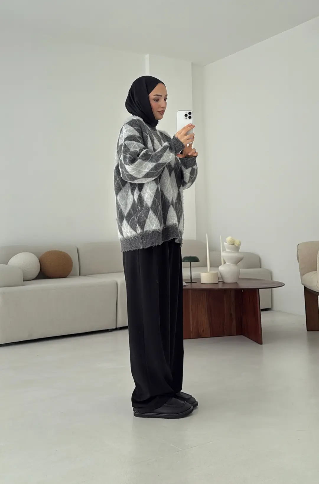 Baklava Desen Şardonlu Kazak Gri - Görsel 9